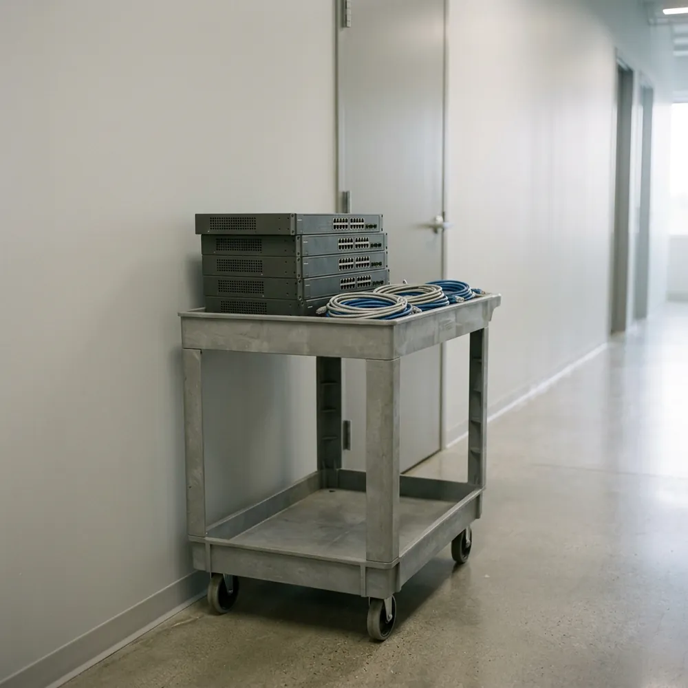 Cart of decommissioned network switches with coiled cables in a corridor after the last closet of a refresh project