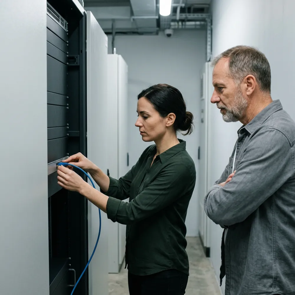 In-house engineer re-seating a cable at a server rack while the departing contractor watches during handover