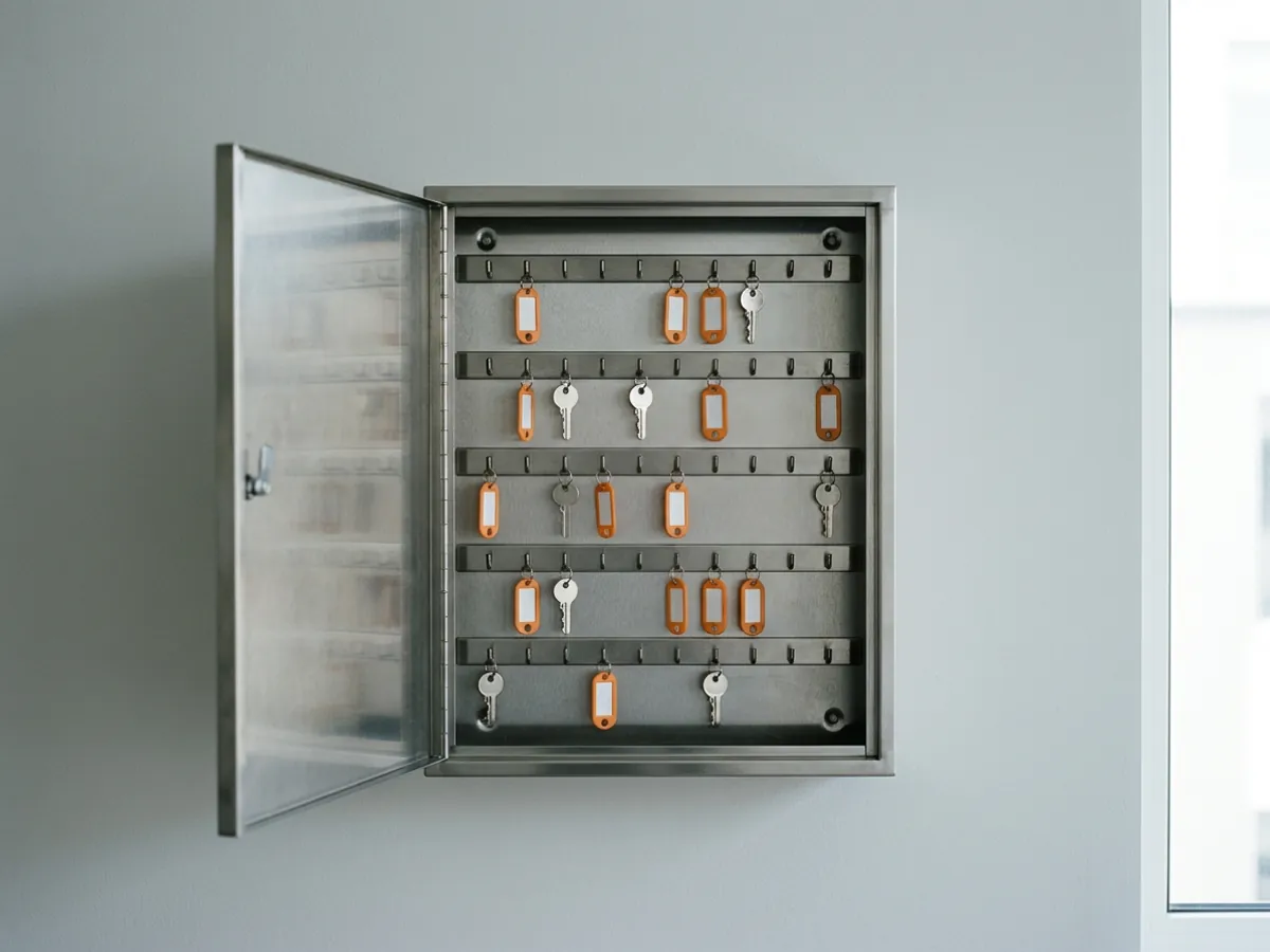 Wall key cabinet with several empty hooks and a few keys on blank orange tags, returned at the end of an IT project