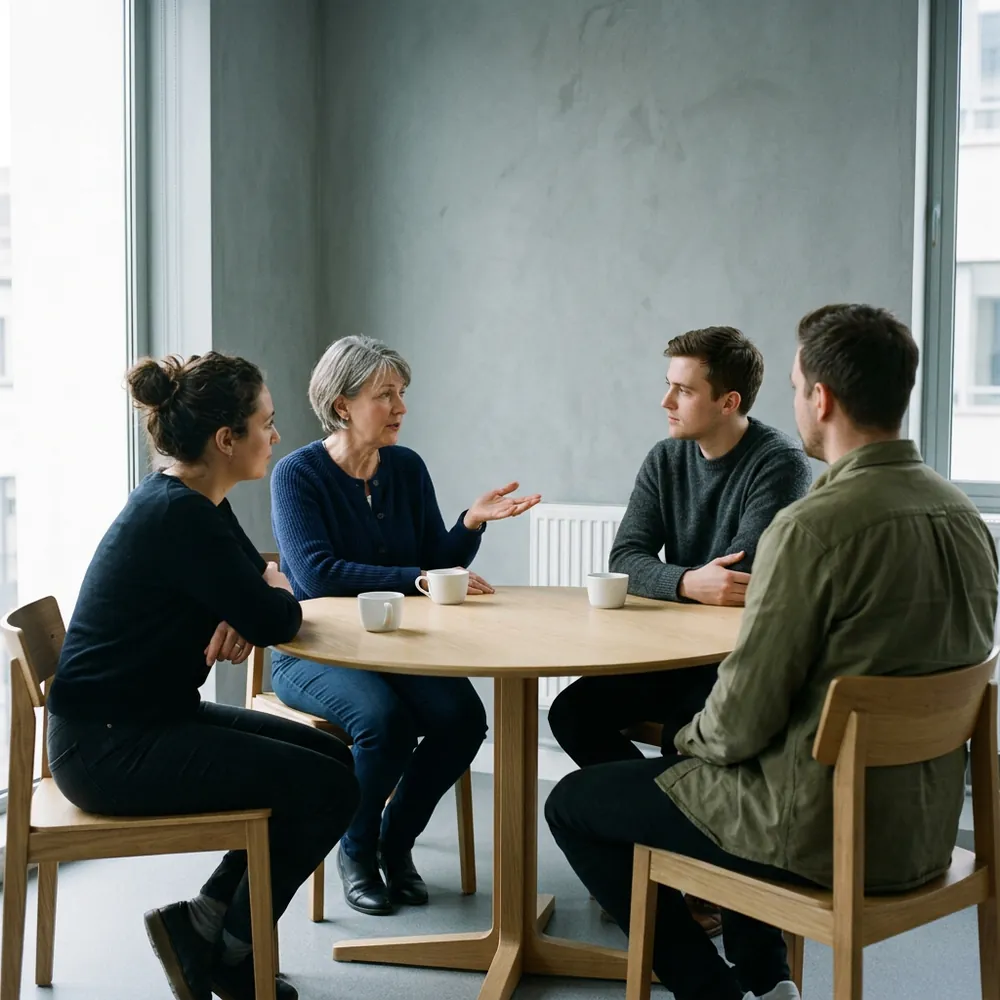 Four members of a contract IT project team talking through the plan at the end of a long meeting table