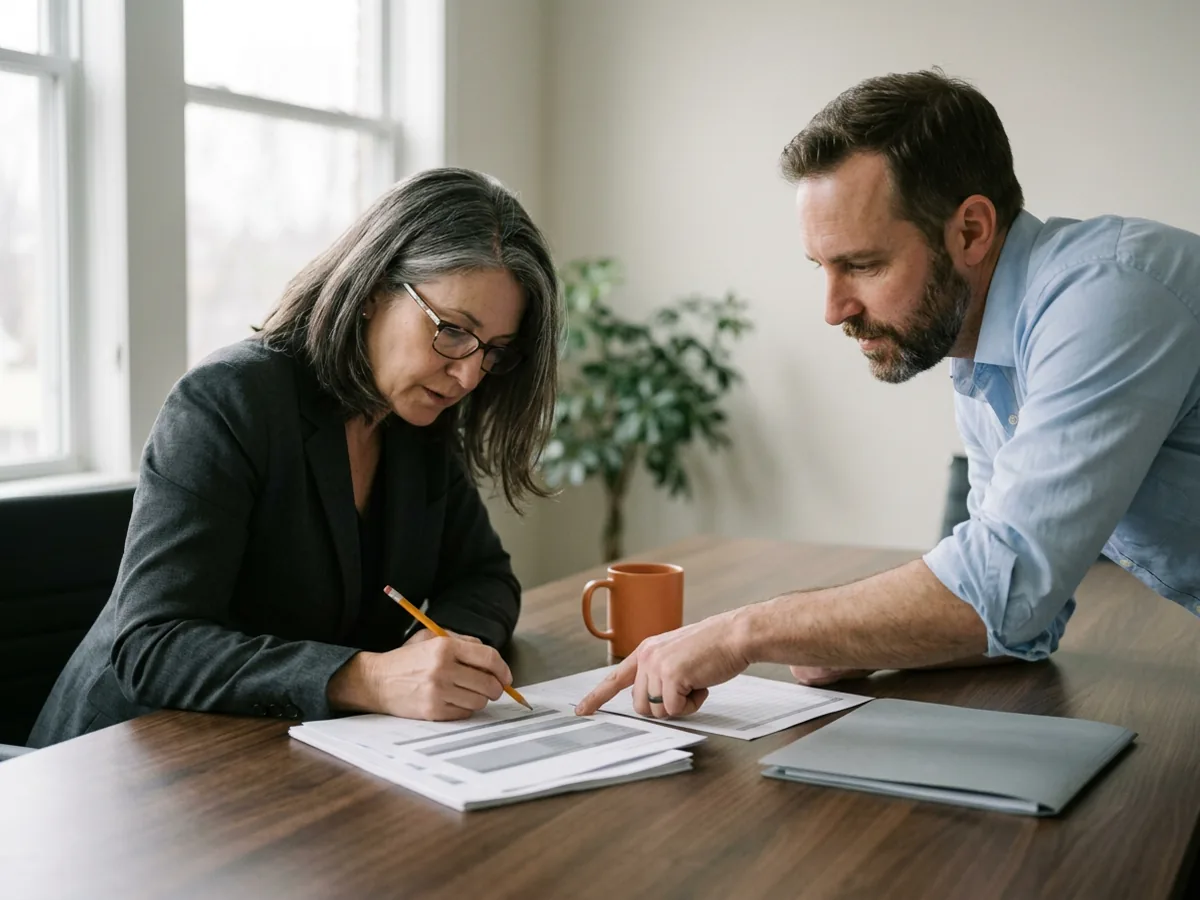 A chief financial officer and a fractional CIO reviewing printed pages with a pencil at a long walnut table during an IT strategy consulting engagement