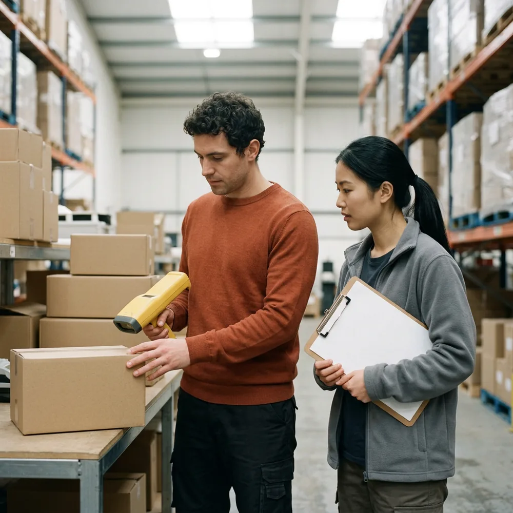 Two contract IT specialists in a warehouse aisle, one scanning a box with a handheld barcode scanner while the other holds a clipboard, the team that executes an IT strategy roadmap