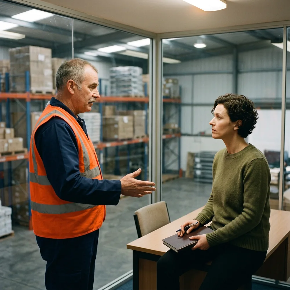 A fractional CIO listening to a warehouse manager in a high-visibility vest inside a mezzanine office above the racking, the current-state review stage of IT strategy consulting