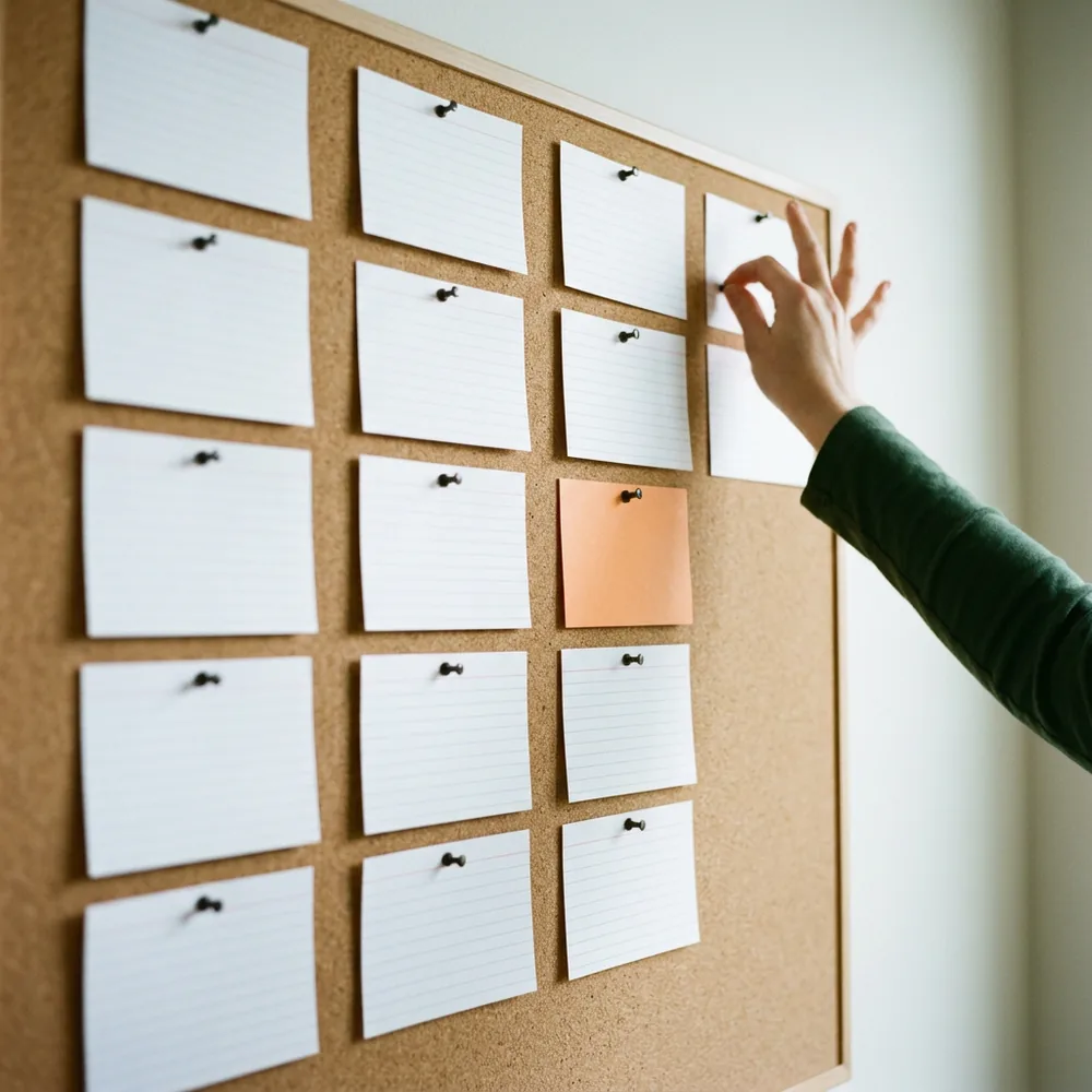 A hand pinning a blank index card at the top of the fourth column on a cork board, sequencing a 12-month IT roadmap during an IT strategy consulting workshop