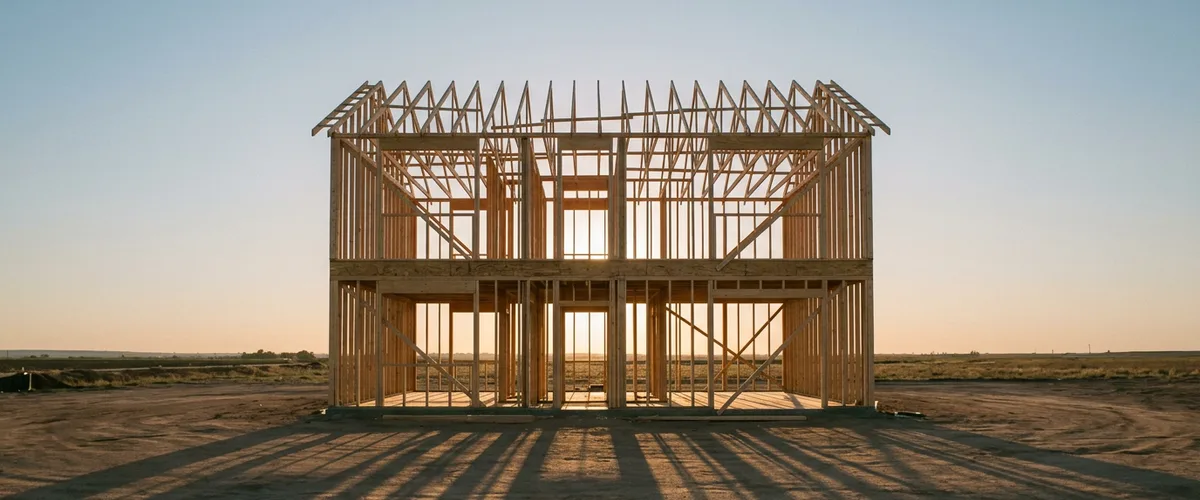 Timber frame of an unfinished two-storey house at golden hour, a metaphor for a job description as the blueprint rather than the finished hire