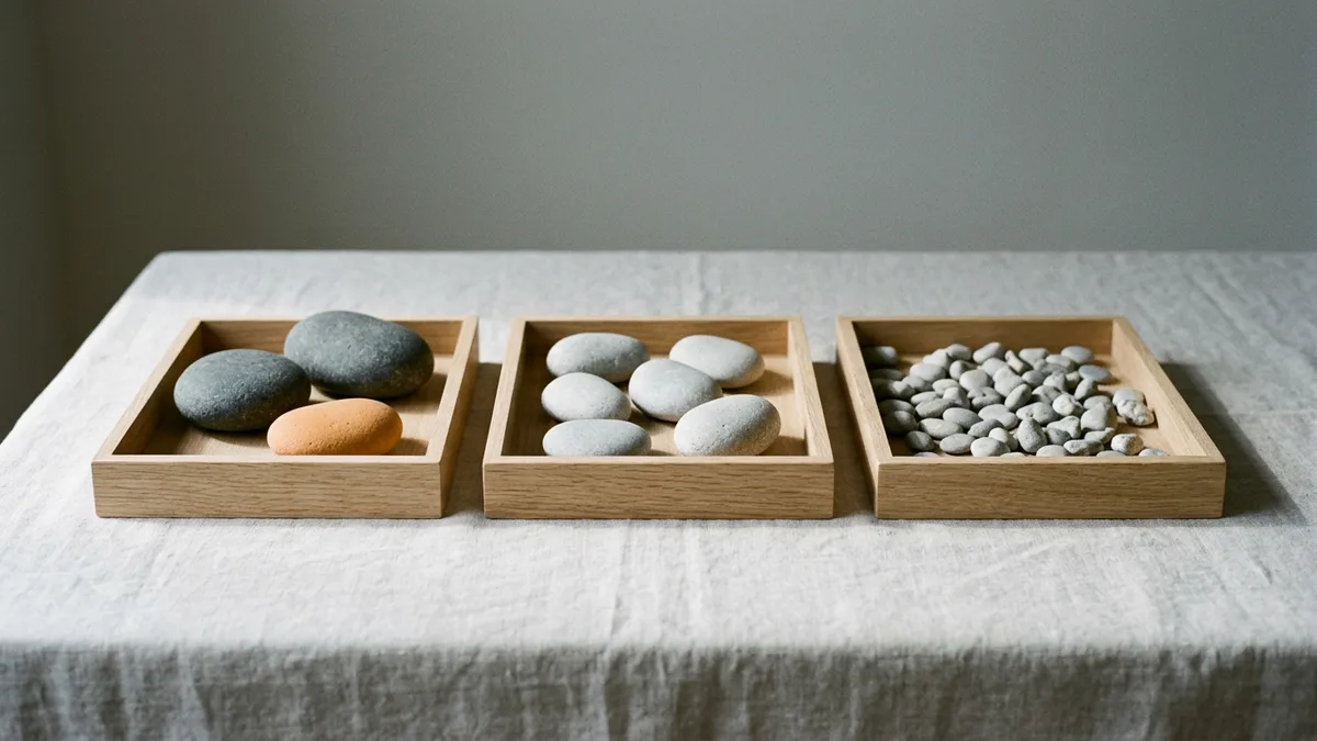 Three oak trays holding large stones, medium stones and small pebbles, representing job requirements sorted into must-haves, learnable skills and nice-to-haves