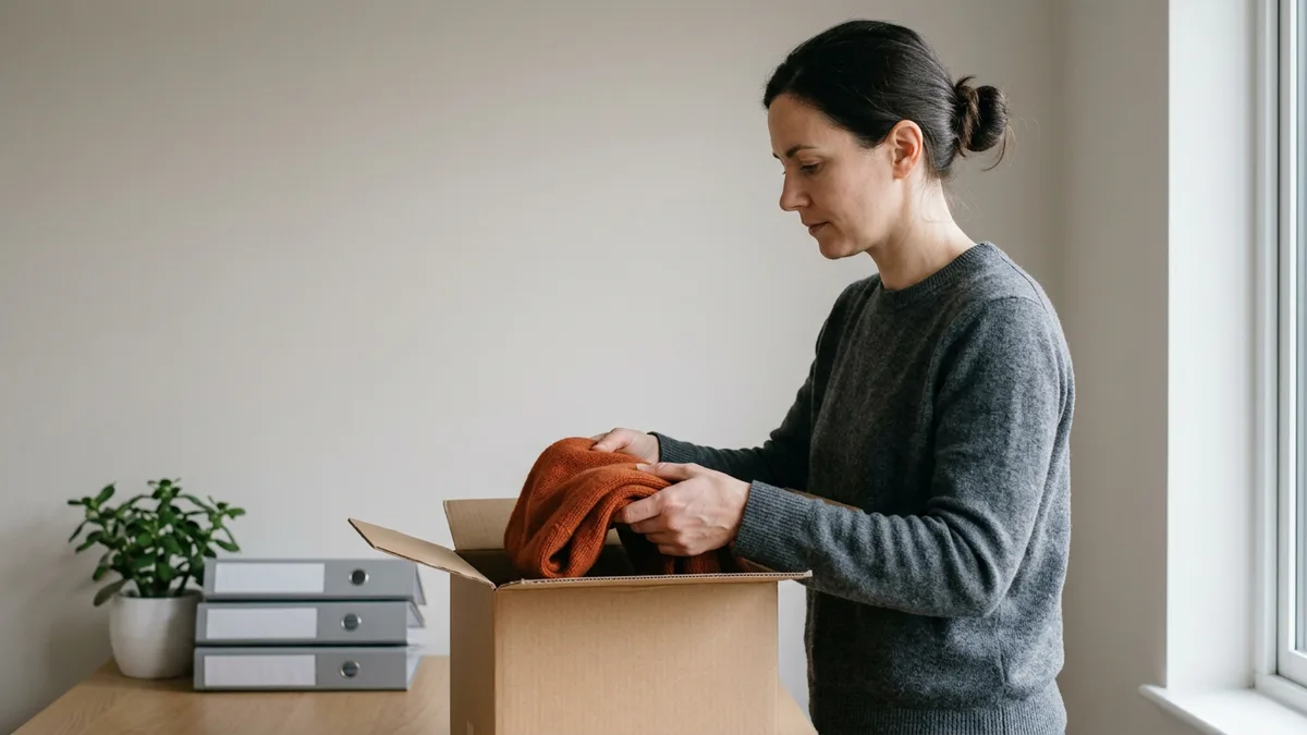 A woman in a grey sweater packing an orange knit scarf into a cardboard box on her desk, beside a plant and a stack of grey binders