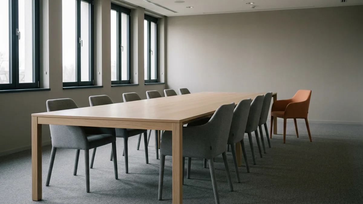 Empty boardroom with one orange chair pulled out, representing key-person dependency in fund reporting