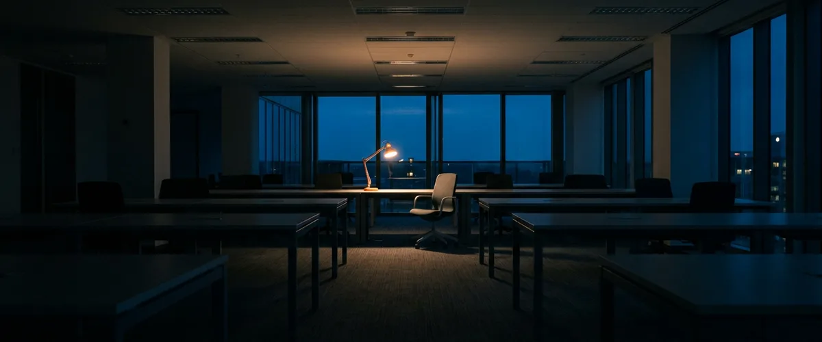 A dark, empty open-plan office at dusk with a single desk lit by an orange lamp and one chair pushed back from it