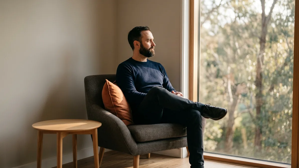 A bearded man in a navy sweater sitting relaxed in an armchair by a tall window in warm afternoon light