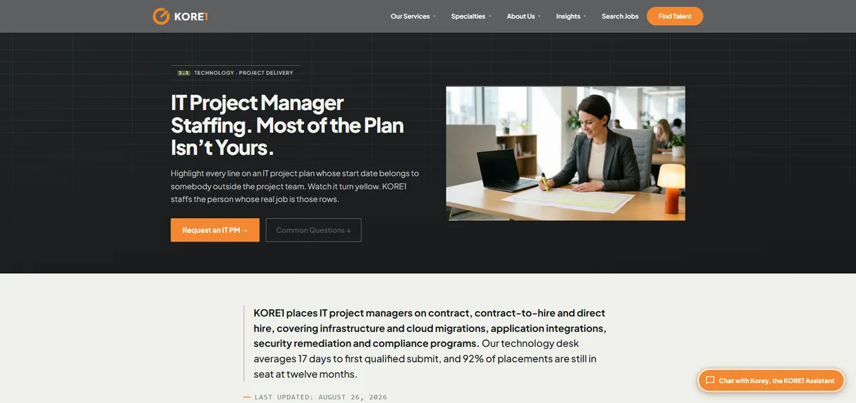 KORE1 IT project manager staffing page - best IT PM staffing agency 2026