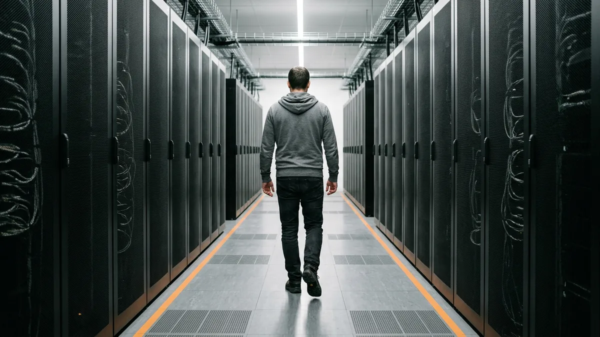 Platform engineer walking down a data center aisle between closed server cabinets, the infrastructure a Kubernetes engineer job description should describe