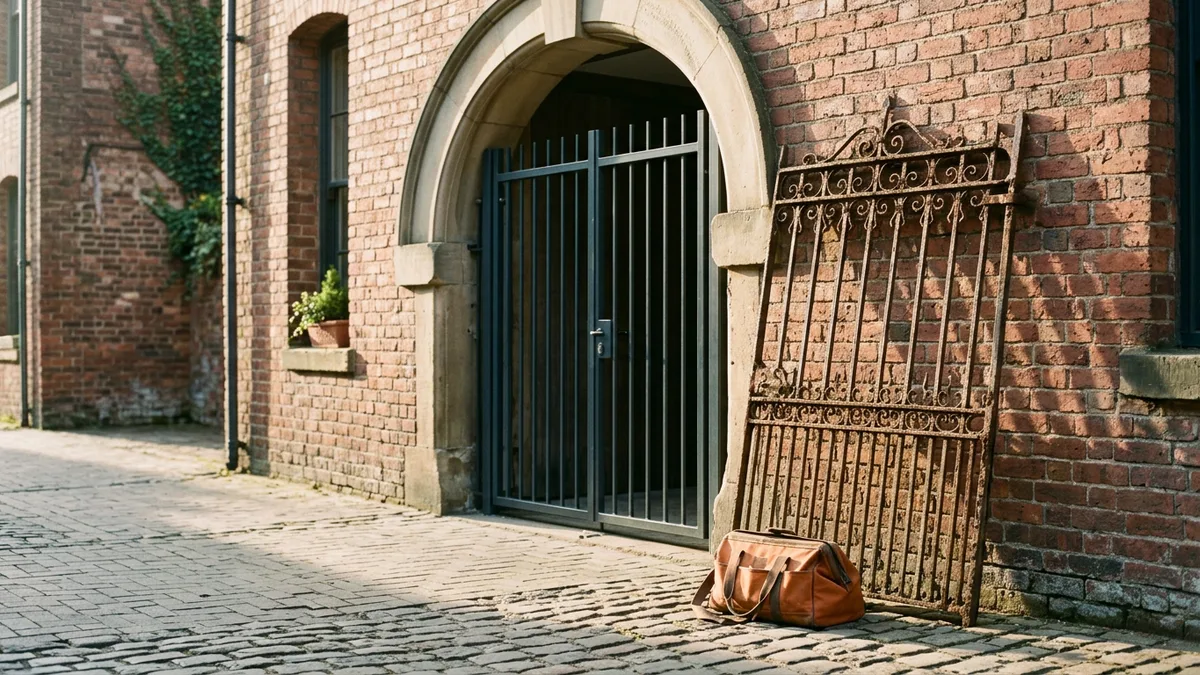 New steel gate hung in a brick archway beside the retired wrought-iron gate, like a Kubernetes migration from ingress-nginx to Gateway API