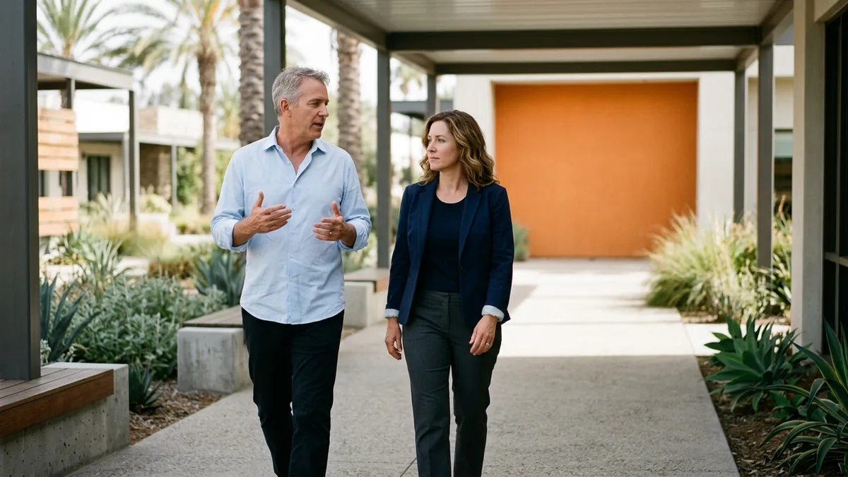 Hiring manager explaining a Kubernetes engineer role to a KORE1 recruiter while walking along an office campus walkway
