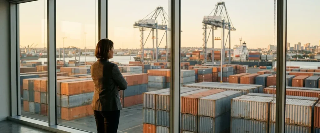 Woman looking out an office window over a container port at golden hour, illustrating a Kubernetes engineer job description template
