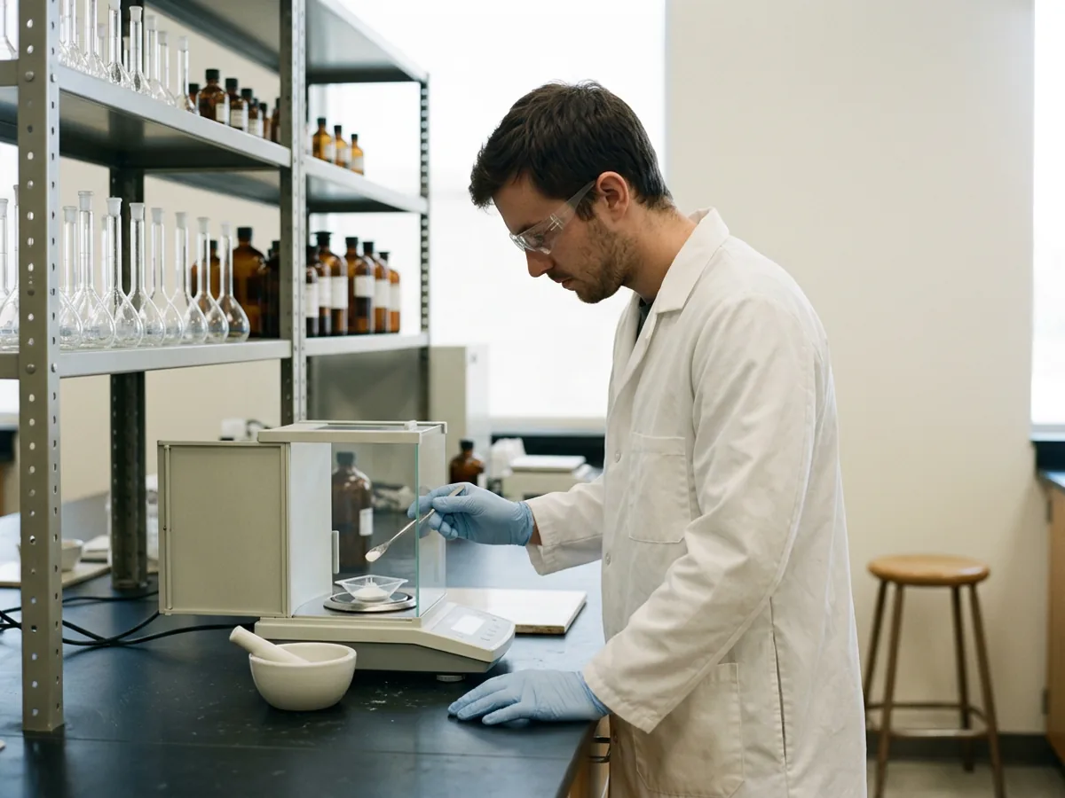 Laboratory technician in a white coat and safety glasses weighing a sample on an analytical balance at an R&D bench, racked volumetric glassware behind