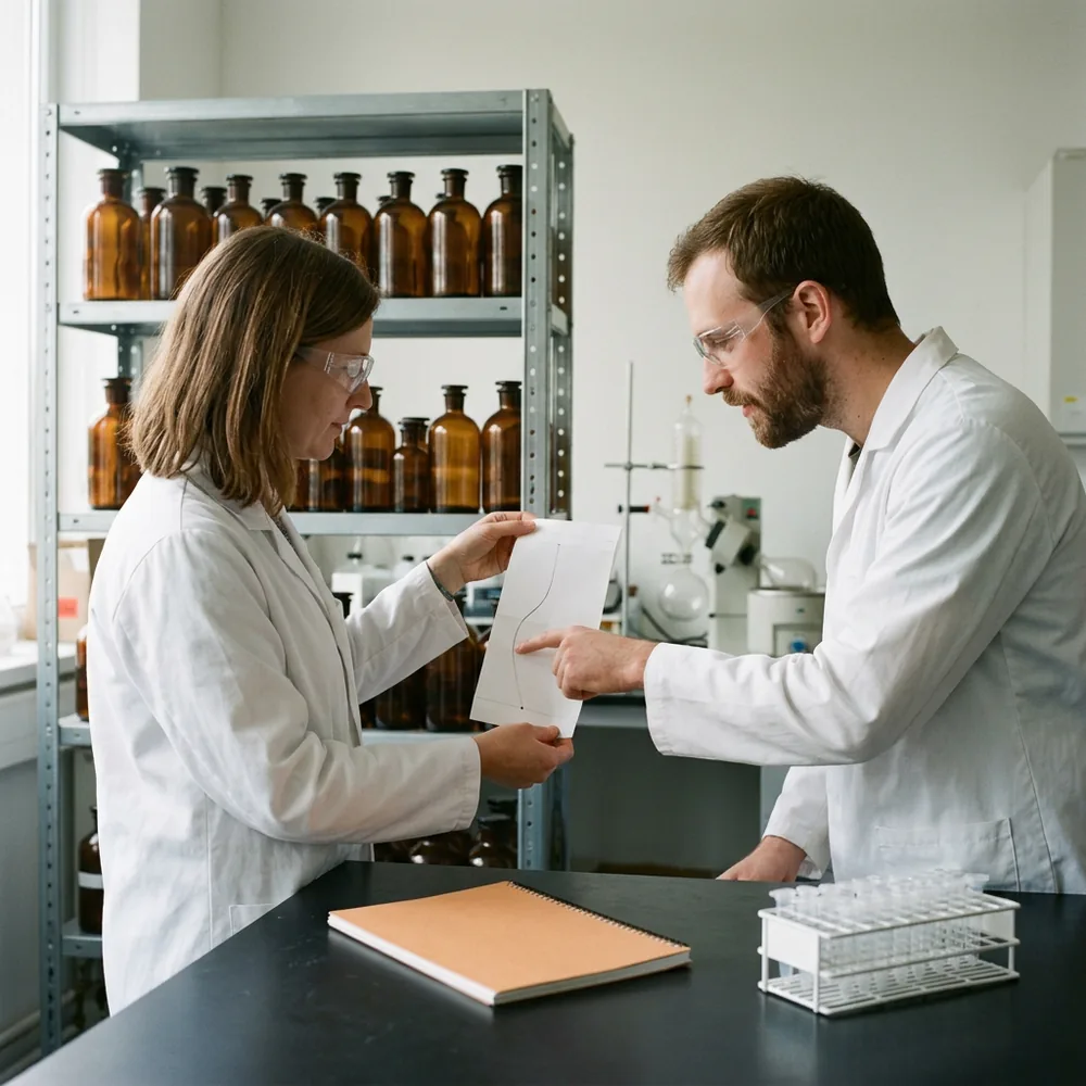 Lab manager and bench scientist reviewing a printed chromatogram together at the end of a laboratory bench