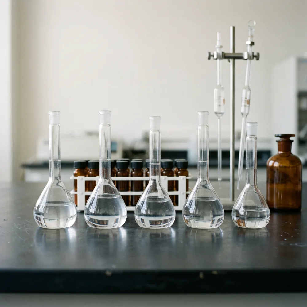 Racked volumetric flasks, amber sample vials and a burette set up for sample preparation on a testing laboratory bench