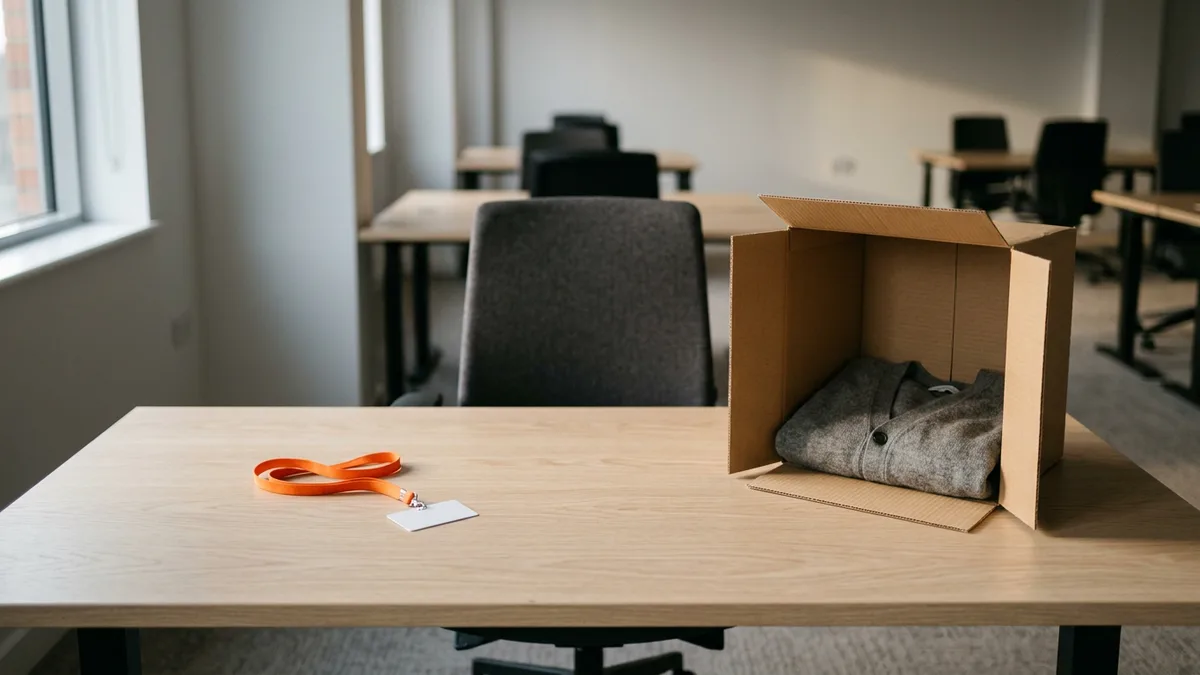 Cleared-out office desk with a blank access badge on an orange lanyard beside a cardboard box holding a folded cardigan after an employee's last day