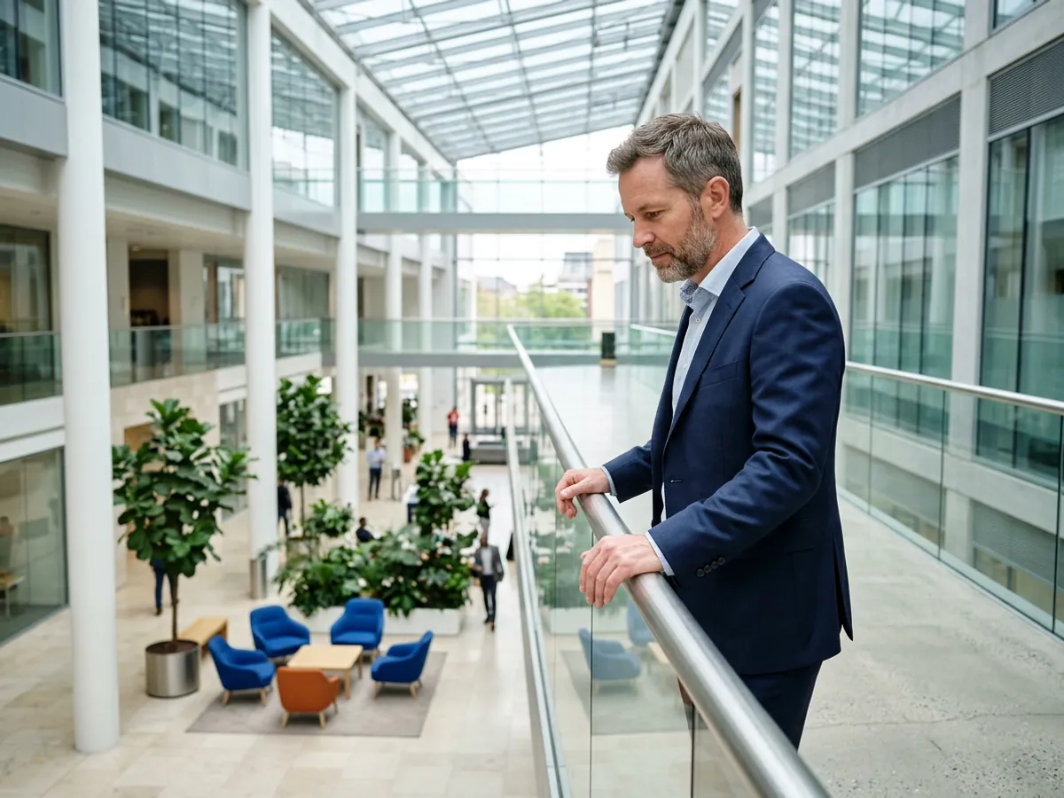 Valuation lead looking down from a glass atrium balcony inside a quiet insurance headquarters in daylight