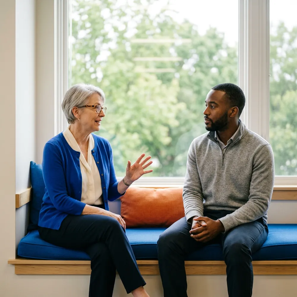 Senior actuary and younger analyst talking on a cushioned window seat in a bright office nook