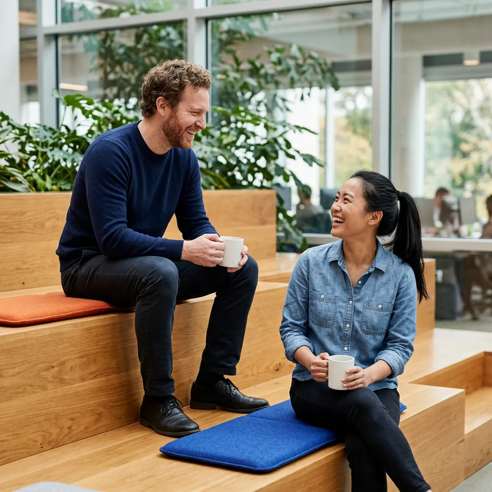Data engineer and experience study analyst talking on wide wooden stair seating in a bright office