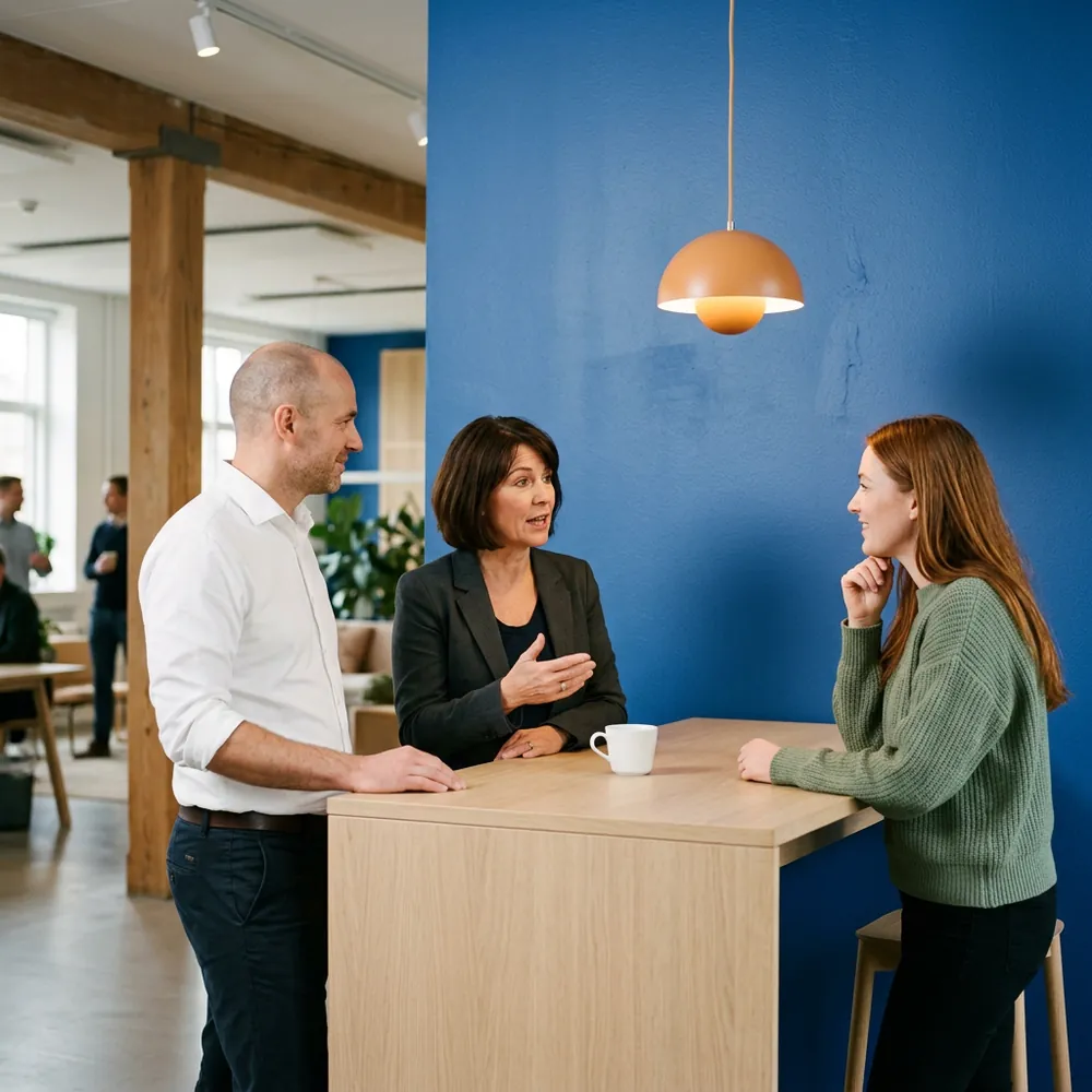 Three insurance finance colleagues talking around a tall table in front of a cobalt blue office wall