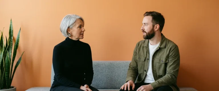 Engineering director and KORE1 recruiter discussing an LLM engineer job description in an office lounge