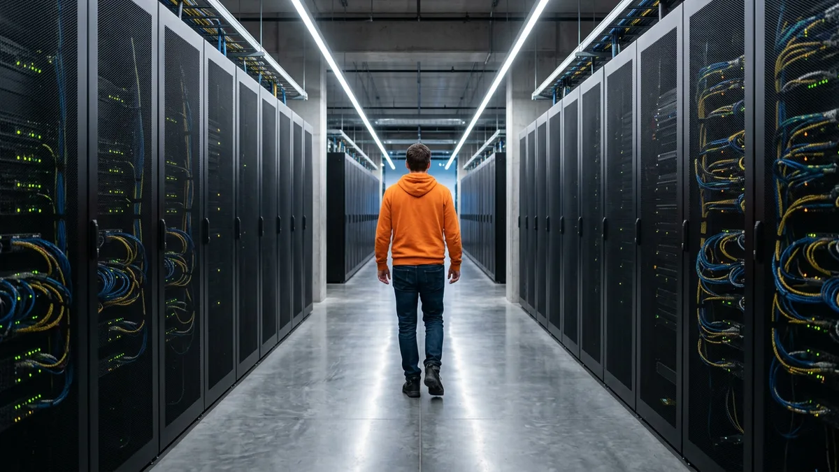 Infrastructure engineer walking a data center aisle between server racks used for self-hosted LLM inference