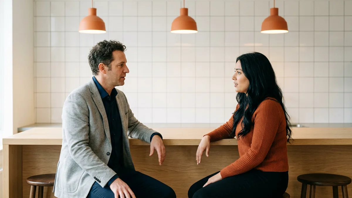 Engineering hiring manager and KORE1 recruiter discussing an LLM engineer requisition at an office kitchen counter