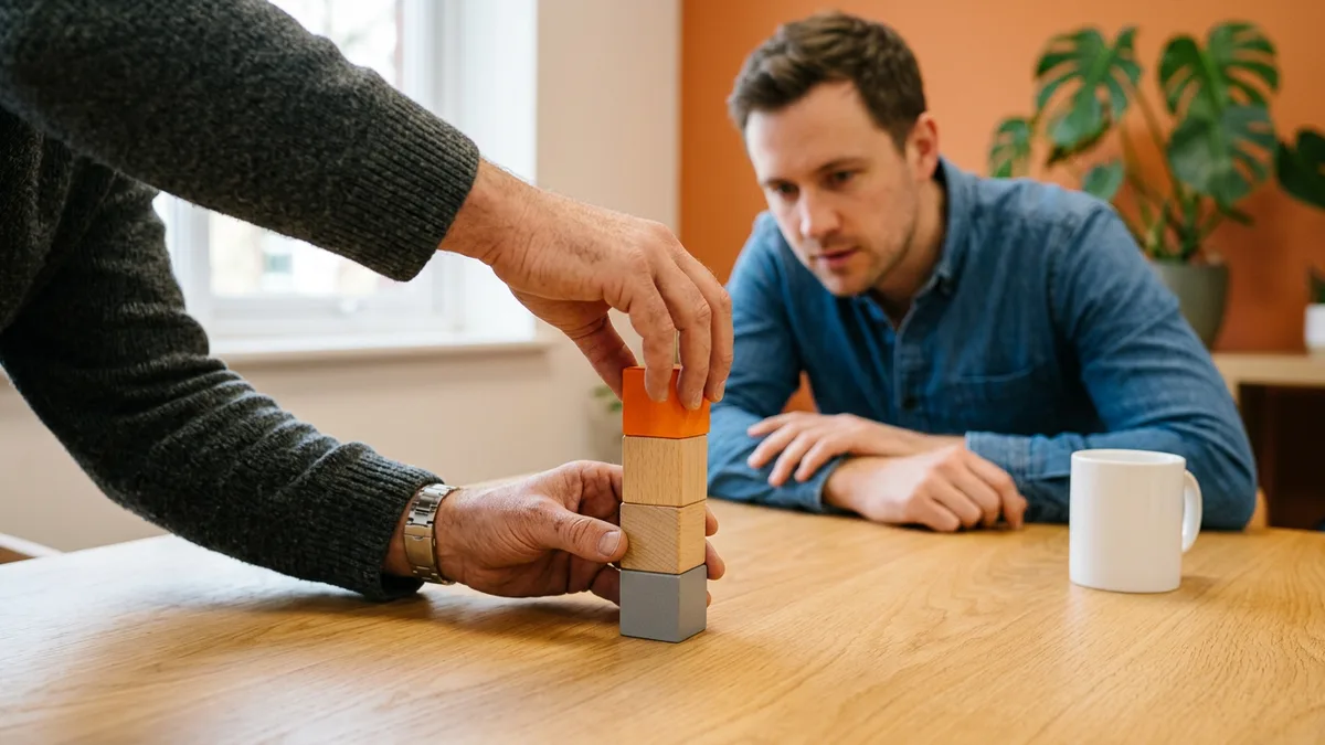 Engineering lead stacking wooden blocks on a meeting table to explain the model layers an LLM engineer job description should name