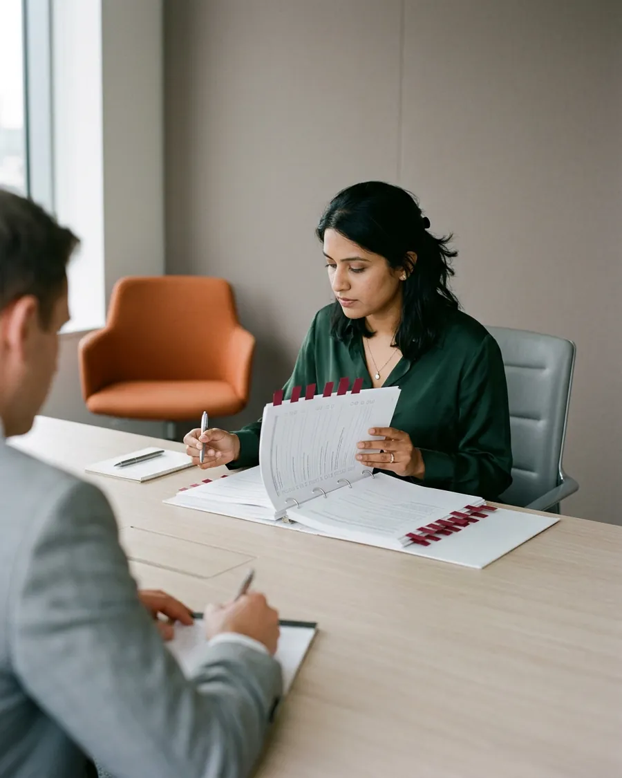 Operational due diligence analyst at an institutional investor reading a fund questionnaire binder marked with red flag tabs