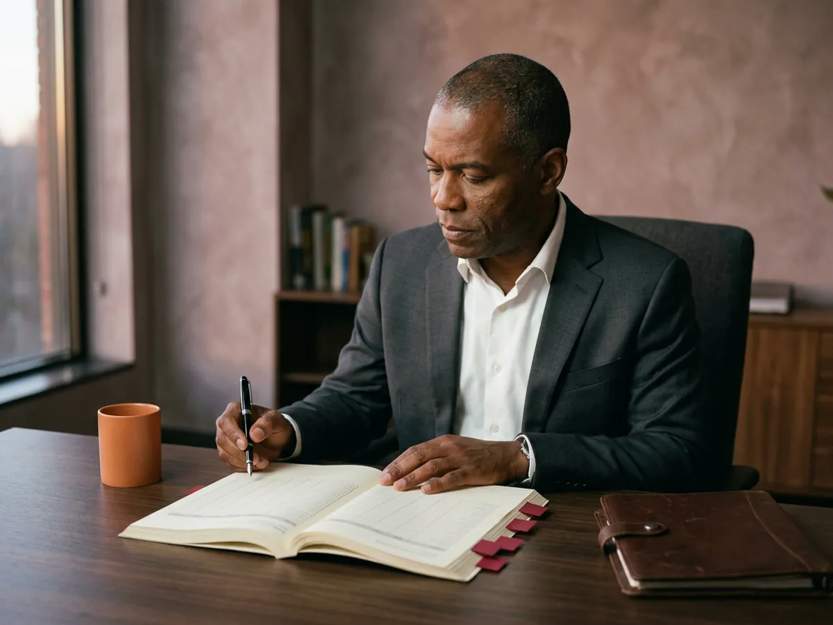 Private credit fund executive reviewing a bound quarterly LP report with red flag tabs on the pages that need a second look