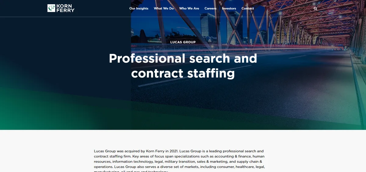 Lucas Group, a Korn Ferry Company, professional search and contract staffing page 2026