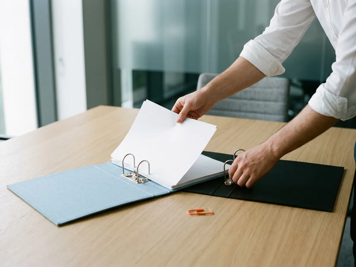 Two ring binders open side by side on a conference table, one blue and one black, as pages move from one into the other, the paperwork of M&A integration staffing