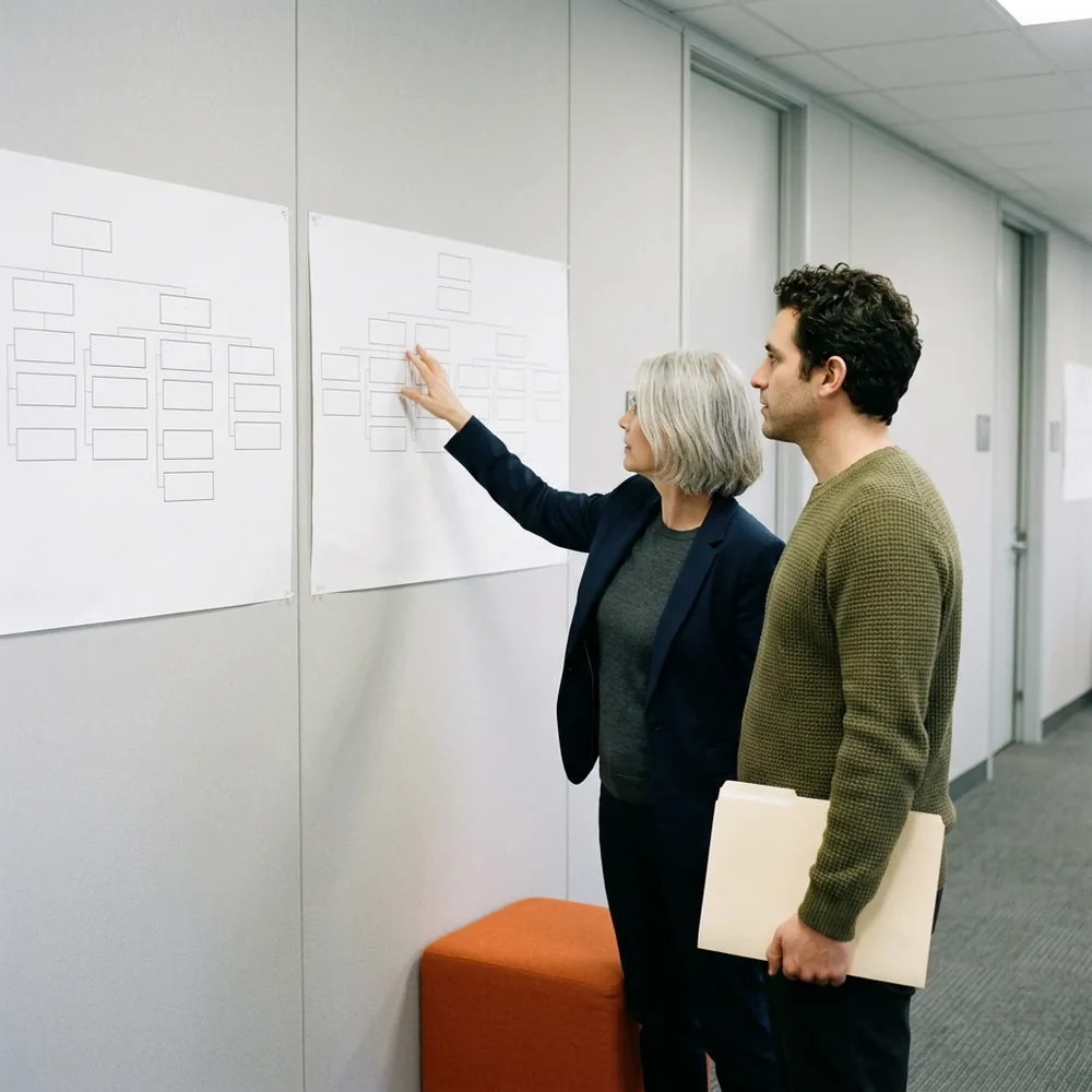 Integration lead and an HR director standing at a wall of two blank printed organization charts, one pinned beside the other, working out how two teams combine after an acquisition