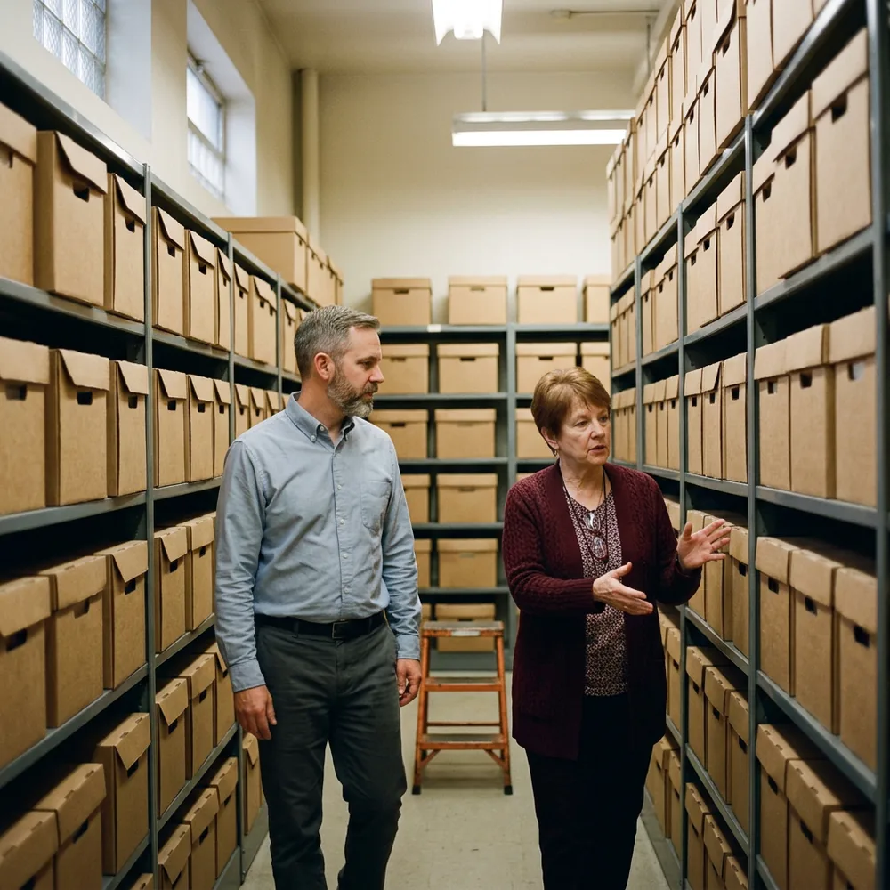 Contract accountant and the acquired company's longtime office manager walking between shelves of plain archive boxes in a records room, learning where the old company kept its files