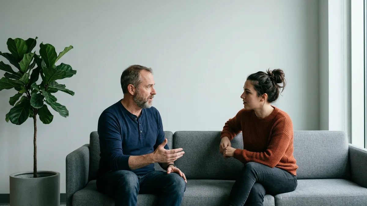 Departing senior developer briefing his replacement on a grey sofa during a paid handoff overlap