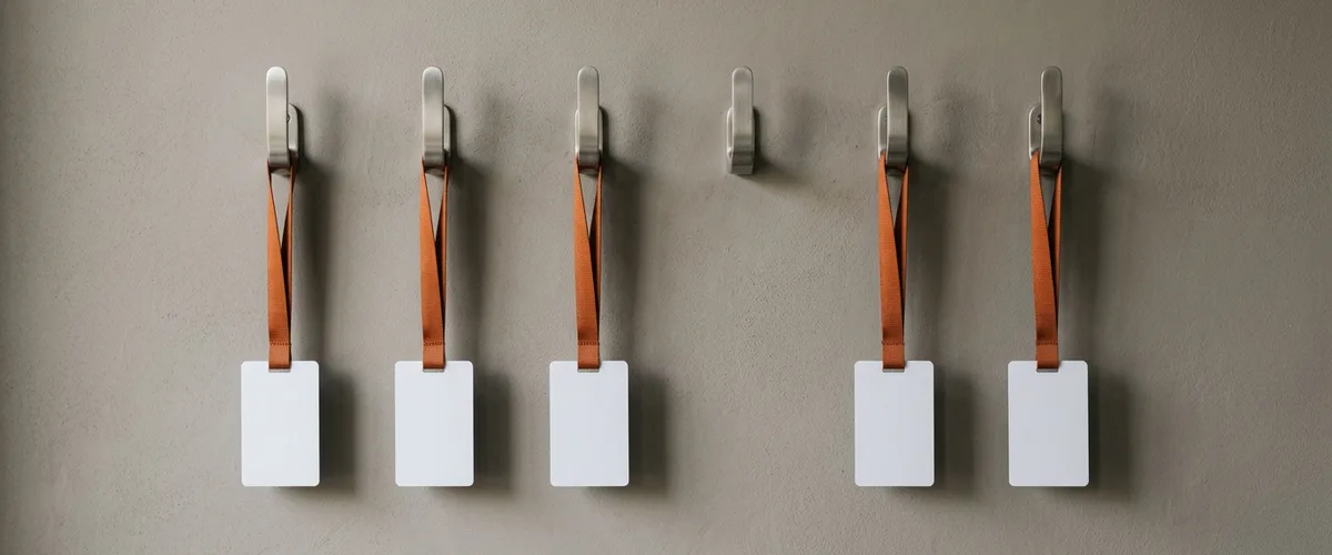 Six steel wall hooks, five holding blank cards on orange lanyards and one empty, representing a fixed-size managed capacity team with one seat to refill