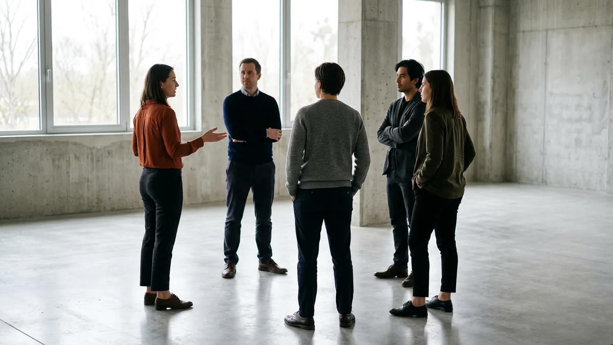 Five-person managed capacity team holding a short standing standup meeting in a bright concrete-floored office
