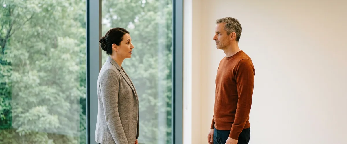 Two marketing hiring leaders talking beside an office window wall about whether a job title matches the role they are hiring for