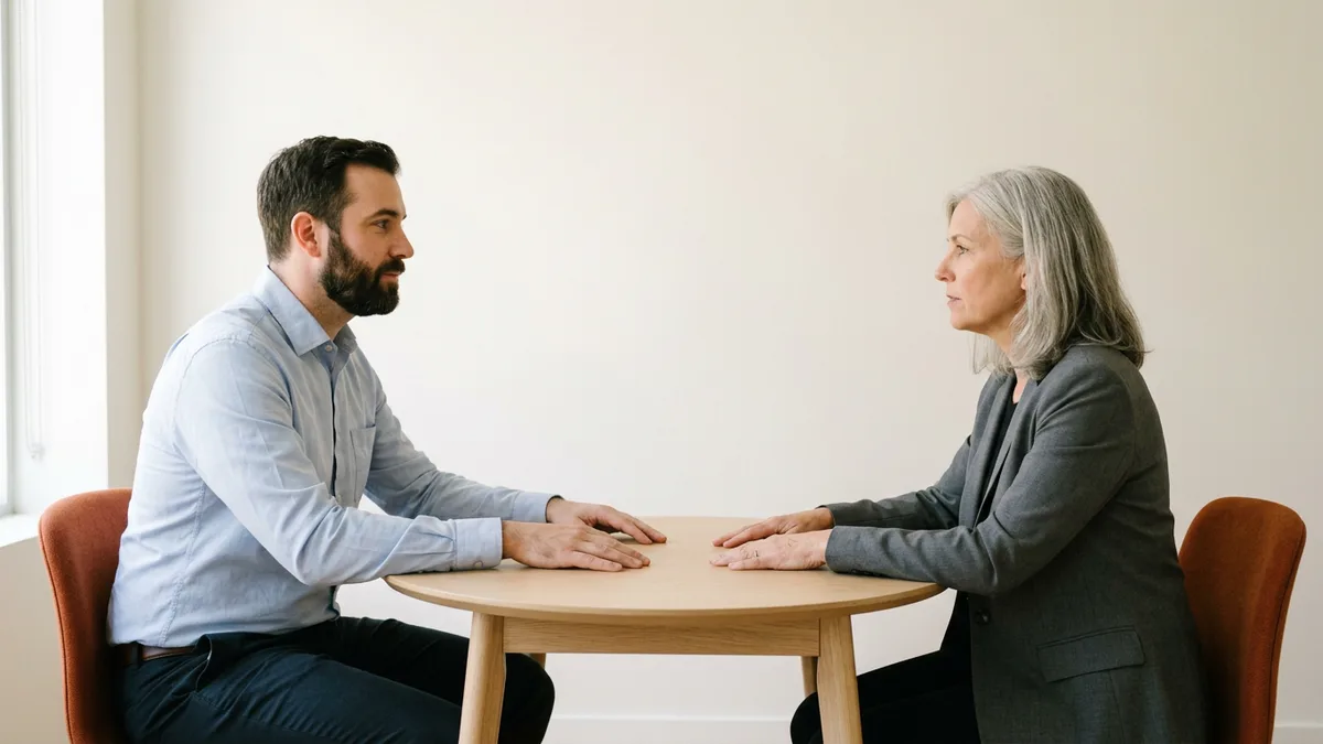 Hiring manager and executive recruiter seated at a bare round table working through the right marketing job title before posting the role