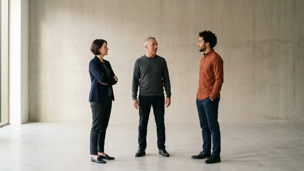 Three marketing colleagues standing in an open office discussing what seniority a job title should signal to candidates