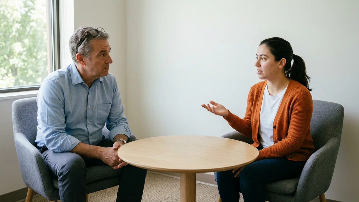 Skeptical CFO seated across a small round table from a software developer explaining what done means for a customer portal