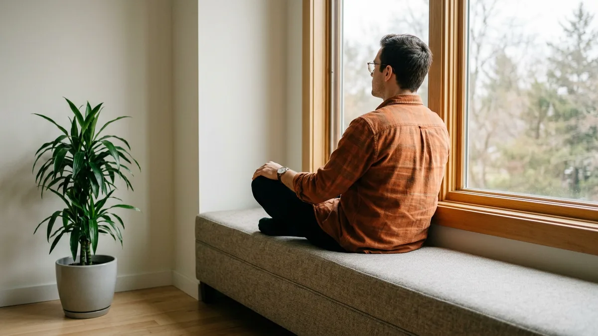 Software developer sitting alone on a window bench during a meeting-free afternoon of focus time