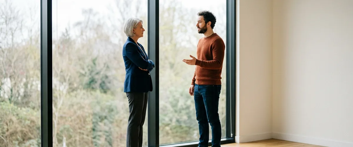Non-technical operations executive listening to a software developer explain project progress beside an office window