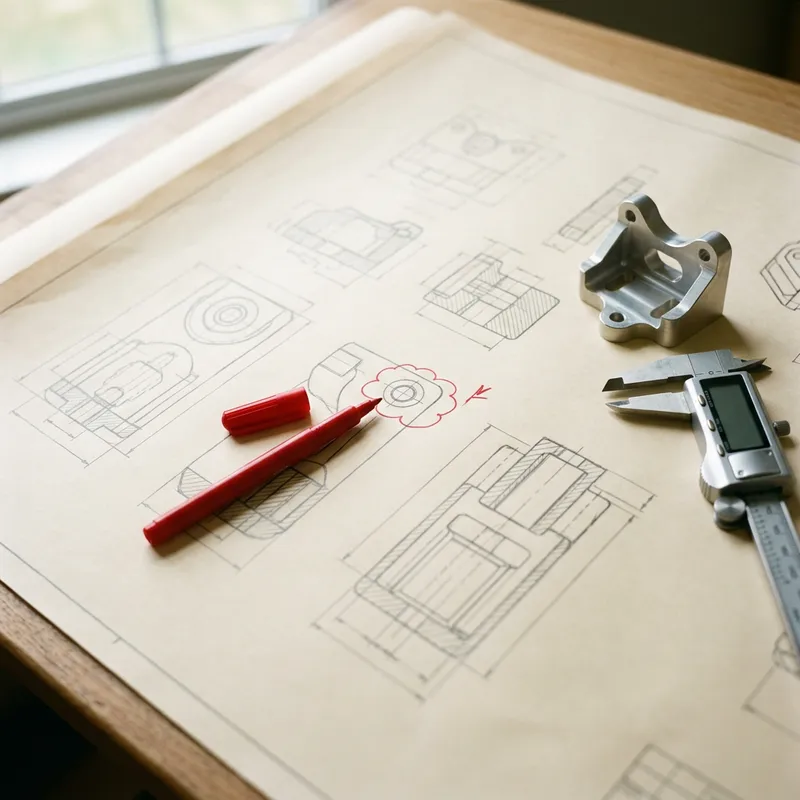 A red pen marking a revision on a dimensioned mechanical drawing beside a machined bracket and a set of calipers