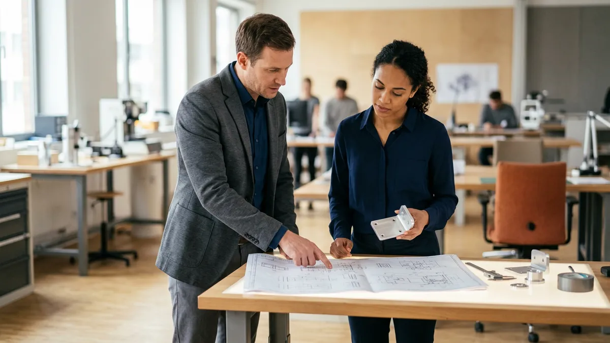 A KORE1 mechanical engineering recruiter and a design engineer comparing a dimensioned drawing against a machined aluminum part