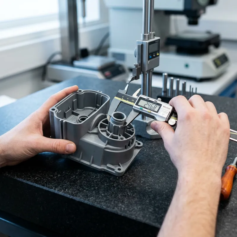 A mechanical engineer measuring a molded plastic housing with digital calipers next to first article inspection paperwork
