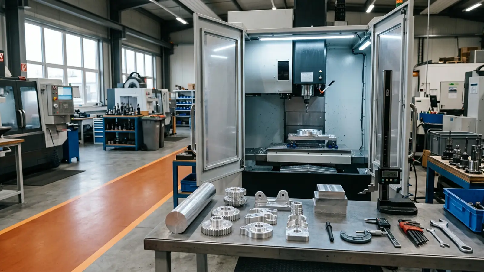 A wide machine shop floor with a CNC mill, aluminum stock, hand tools and a workbench of measured parts